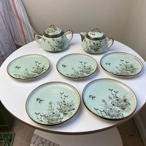 Antique Kutani Tea Dessert Set Japan Hand Painted Butterfly Floral 13 Pc